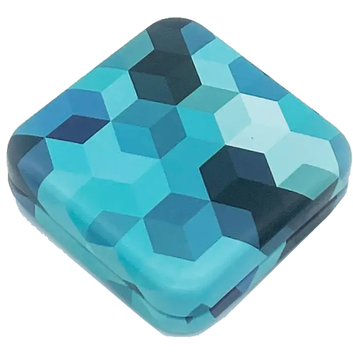 Kondombox aus Weißblech, Blau mit Motiv «Würfel»