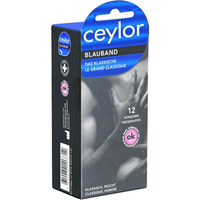 Ceylor «Blauband» 12 skin friendly condoms with cream lubricant, hygienically sealed in condom pods