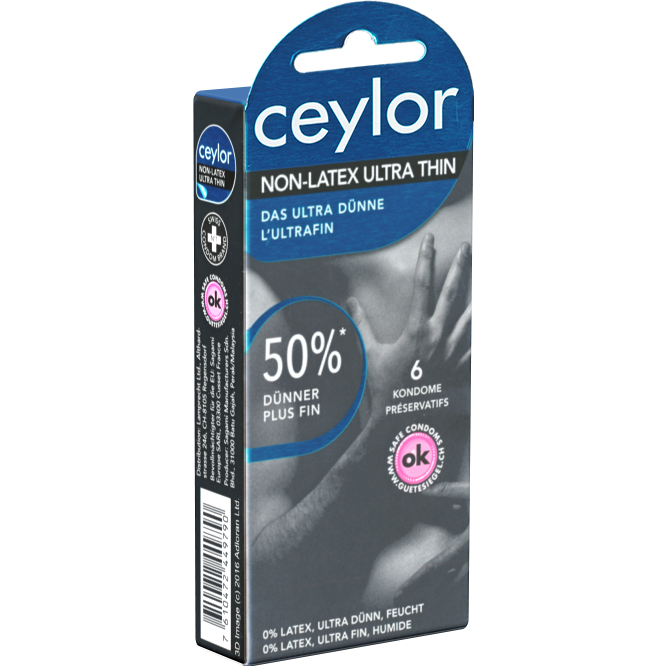 Ceylor «Non-Latex Ultra Thin» 6 ultra thin, latex free condoms for allergics (50% thinner), hygienically sealed in condom pods