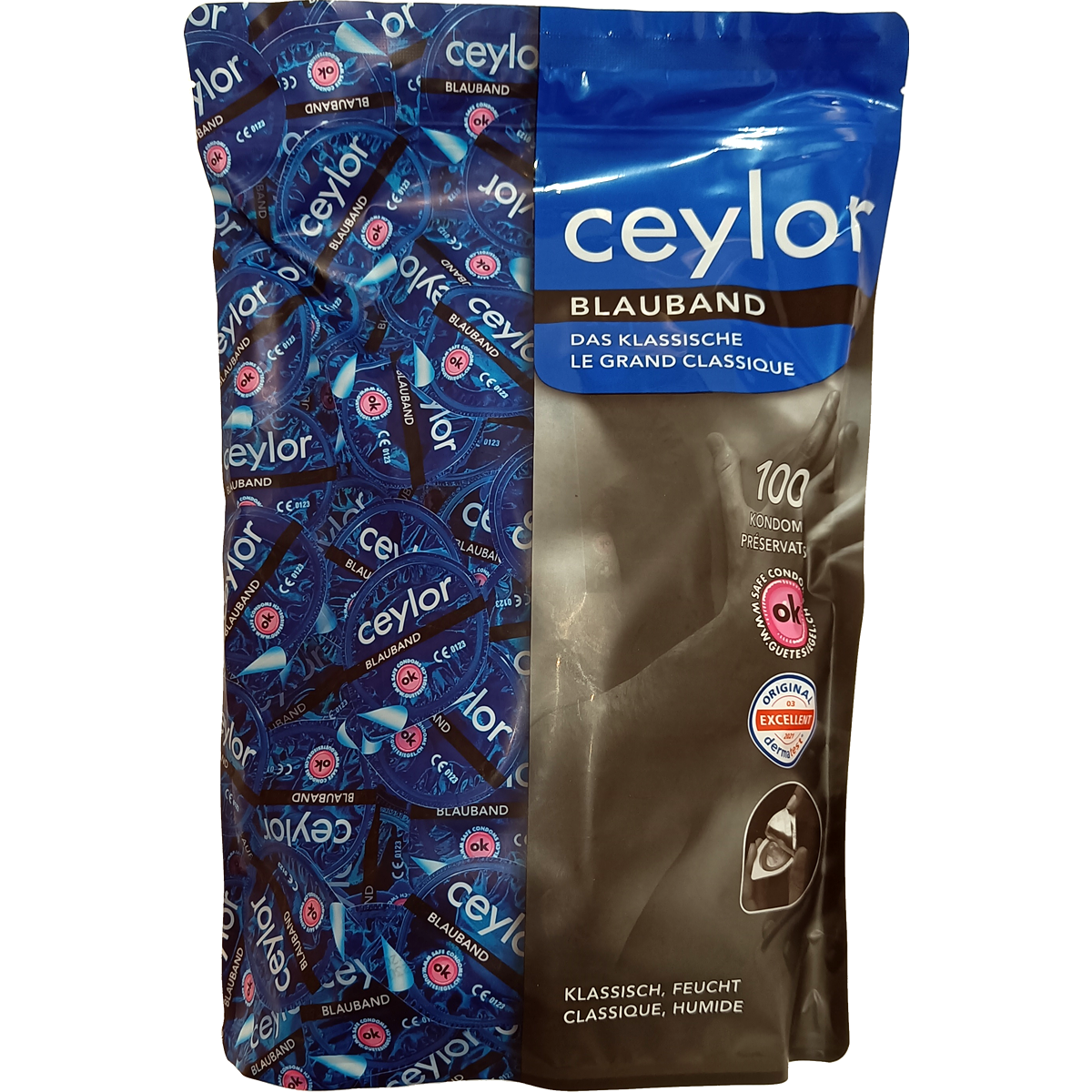 Ceylor «Blauband» 100 skin friendly condoms with cream lubricant, hygienically sealed in condom pods