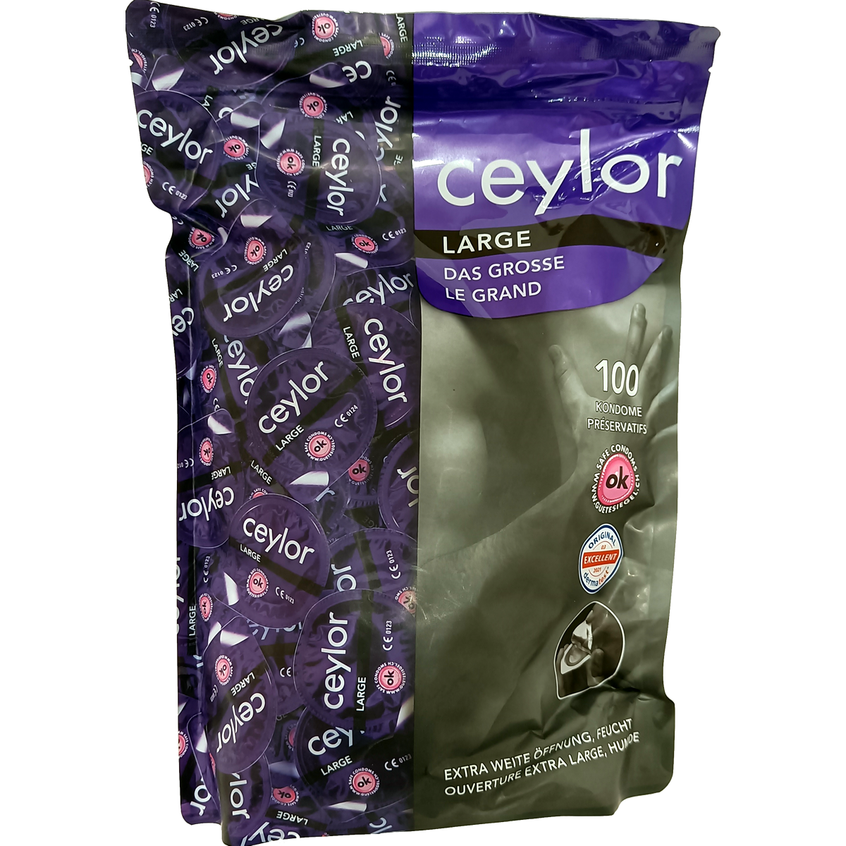 Ceylor «Large» 100 extra wide condoms with cream lubricant, hygienically sealed in condom pods
