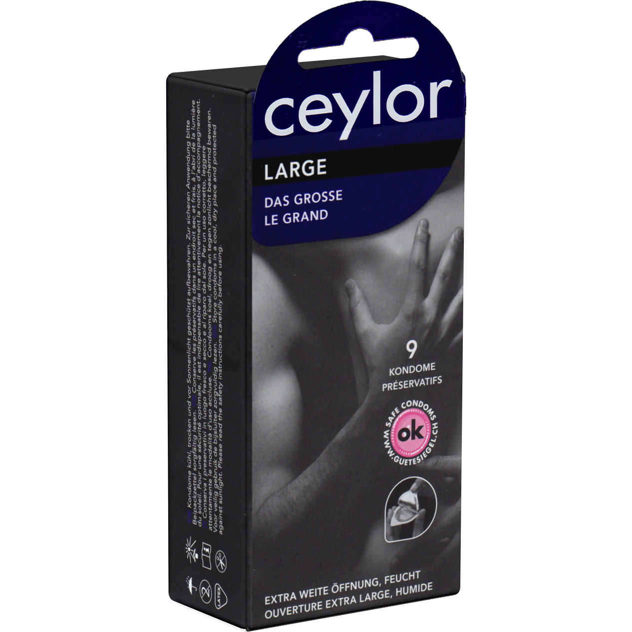 Ceylor «Large» 9 extraweite Kondome mit Gleitcreme, verpackt im hygienischen Dösli