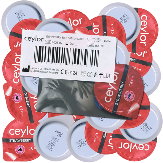Ceylor «Strawberry» 100 geschmackvolle Kondome mit Aroma-Gleitcreme, verpackt im hygienischen Dösli
