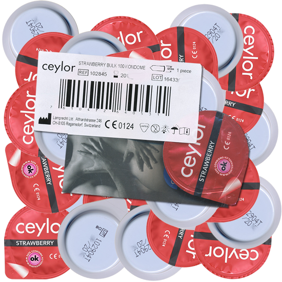 Ceylor «Strawberry» 100 tasty condoms with aroma lubricant, hygienically sealed in condom pods