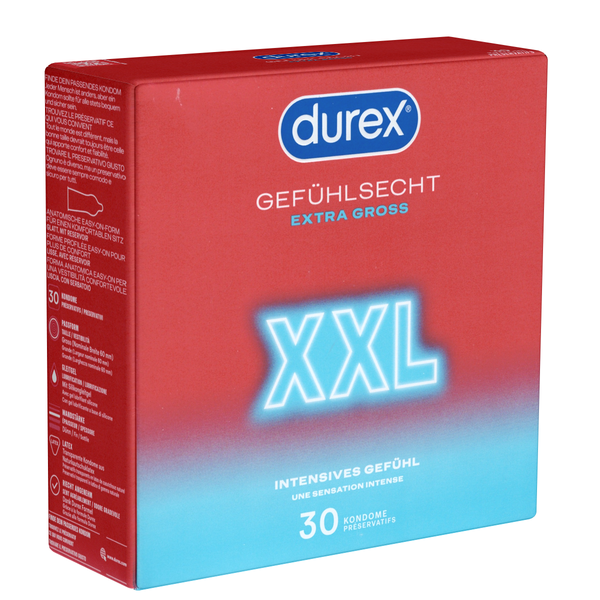 Durex «Gefühlsecht Extra Groß» XXL, 30 extra große dünne Kondome, Easy-On™-Passform