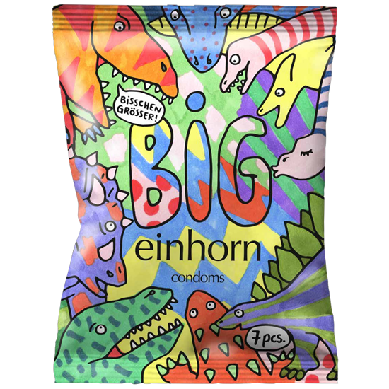 Einhorn Condoms: 7 vegan xl condoms in the chips bag, design «Tyrannosaurus Sex»