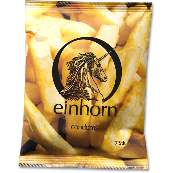 Einhorn Condoms: 7 vegane Kondome in der Chipstüte, Motiv «Food Porn»
