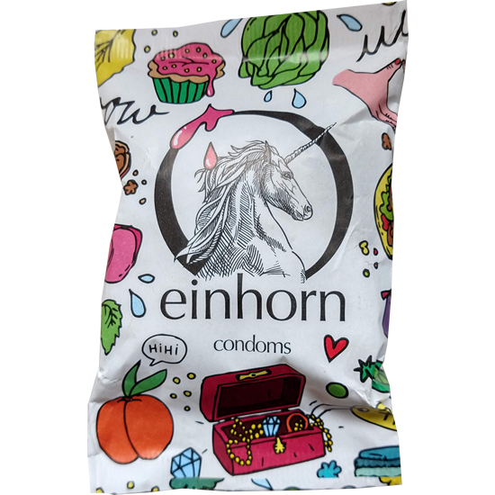 Einhorn Condoms: 7 vegan condoms in the chips bag, design «Muschigegenstände» (vagina objects)