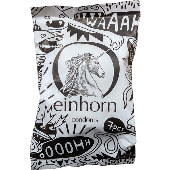 Einhorn Condoms: 7 vegan condoms in the chips bag, design «Rückkehr der Spermamonster» (comeback of the sperm monsters)