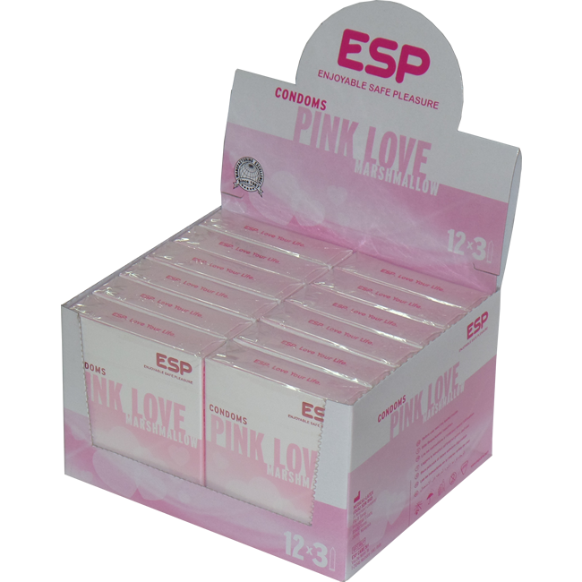 ESP Vorratsbox: «Pink Love» 12x3 gerippte Kondome mit Marshmallow-Aroma
