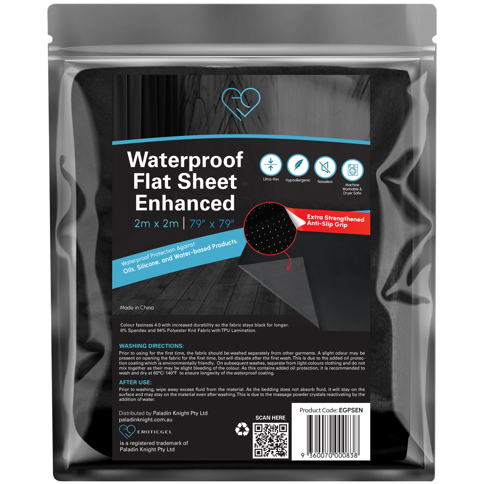 EROTICGEL «Massage Laken - FLAT SHEET» 1 Stück, wasserdichte Anti-Slip-Massageunterlage, 200 × 200 cm, schwarz
