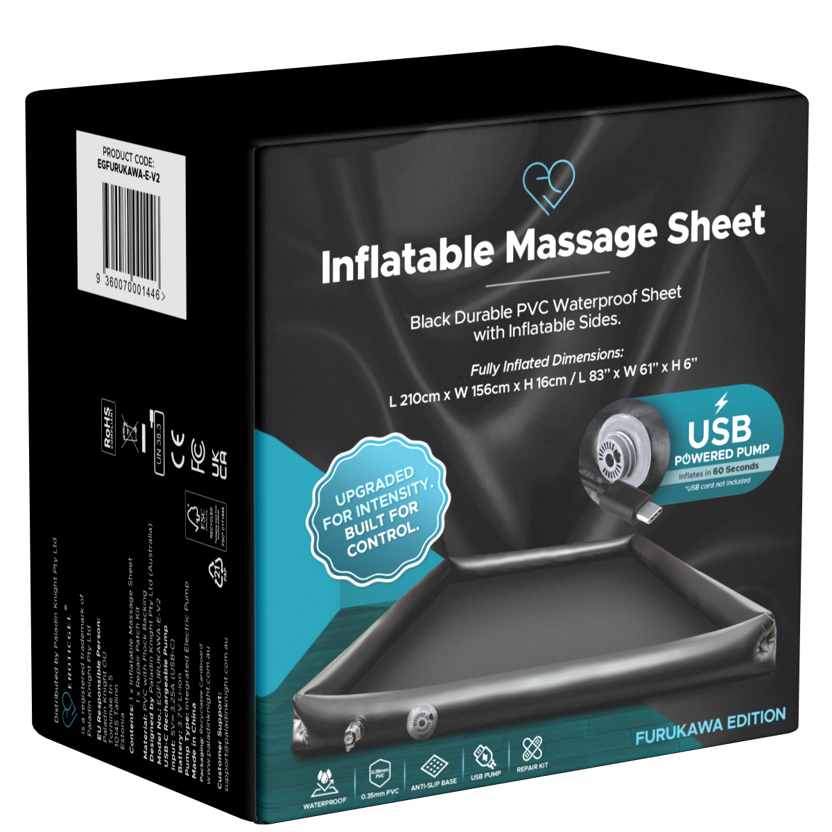 EROTICGEL «Aufblasbares Massage Laken - FURUKAWA Enhanced v2» 1 Stück, 210 × 156 × 16 cm, ohne Griffe, mit integrierter USB-C-Pumpe