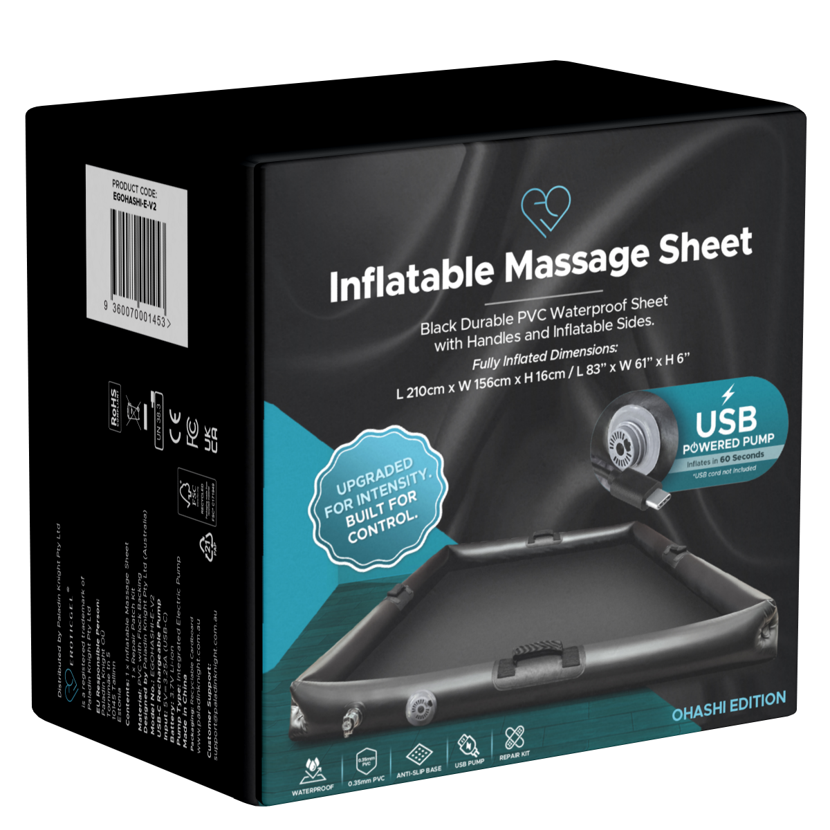 EROTICGEL «Aufblasbares Massage Laken - OHASHI Enhanced v2» 1 Stück, 210 × 156 × 16 cm, 0,35 mm PVC, mit vier Griffen und integrierter USB-C-Pumpe