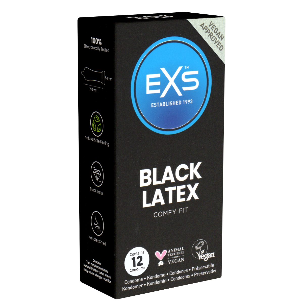 EXS «Black Latex» Comfy Fit, 12 black condoms with anatomical shape