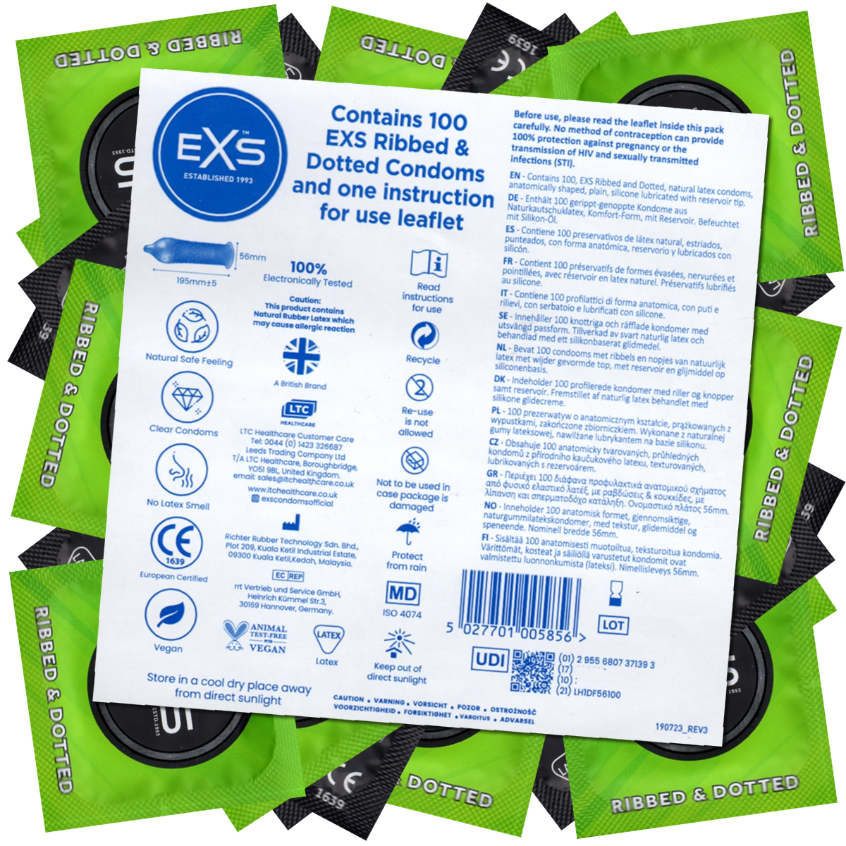 EXS «Ribbed & Dotted» 100 stimulating condoms with 3-in-1 effect, bulk pack