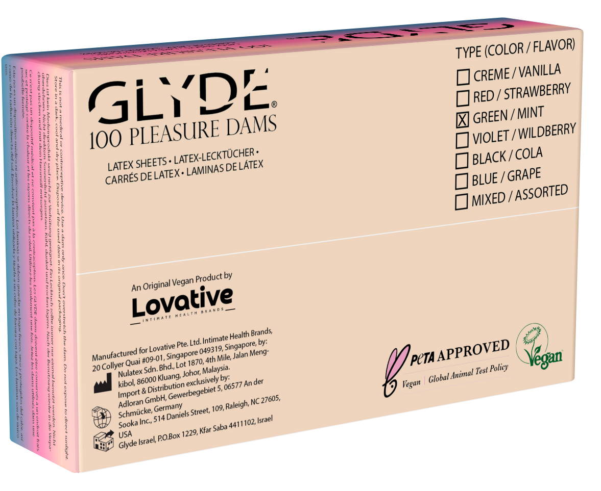 Glyde Dams «GREEN/MINT» 100 grüne Latex-Schutztücher (Lecktücher) mit Minz-Duft