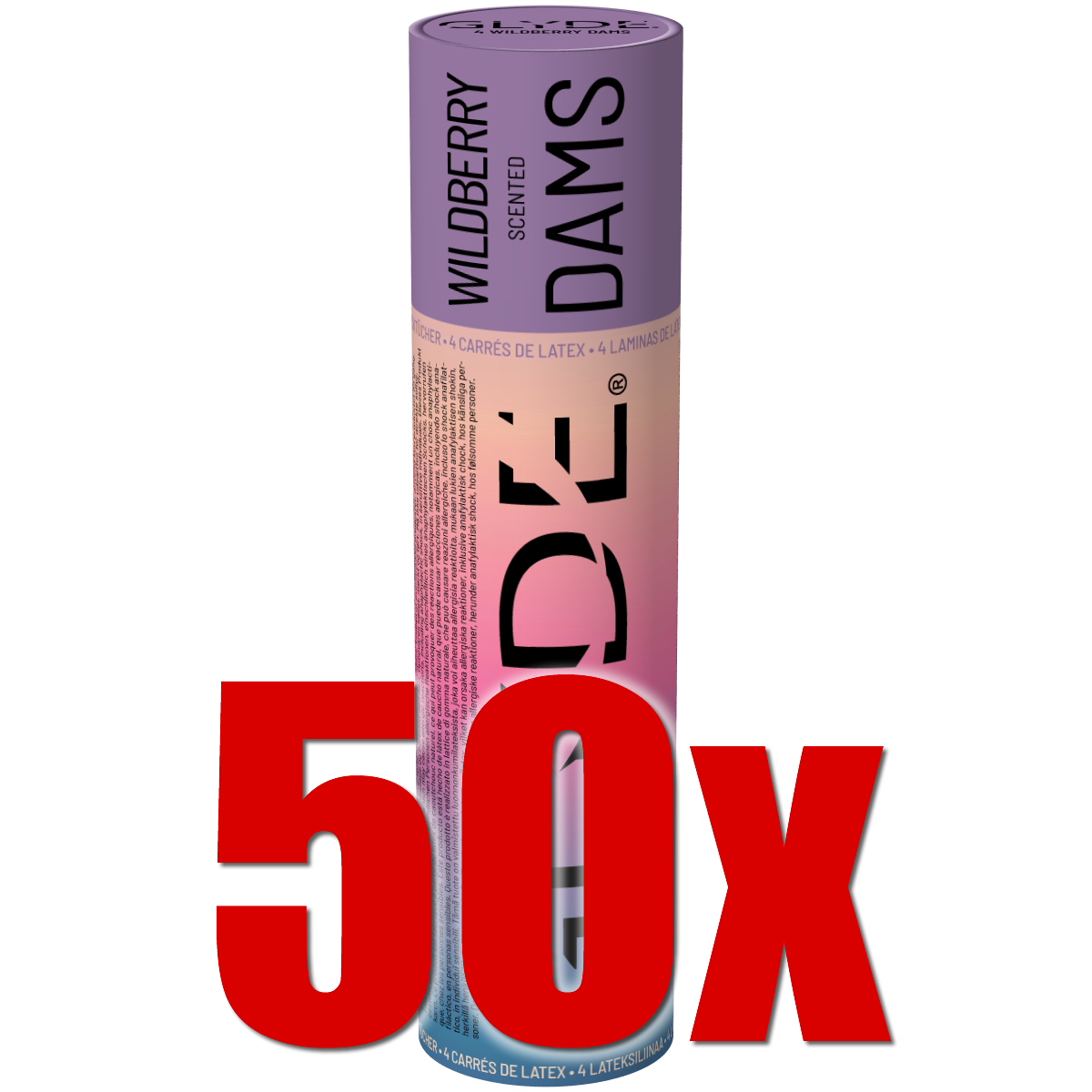 Glyde Dams Retail Carton «Wildberry» 50x4 dental dams with wildberry flavour