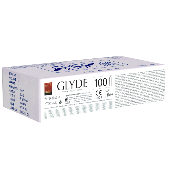 Glyde Ultra «Blueberry» 100 blue condoms with blueberry flavour, certified with the Vegan Flower, bulk pack