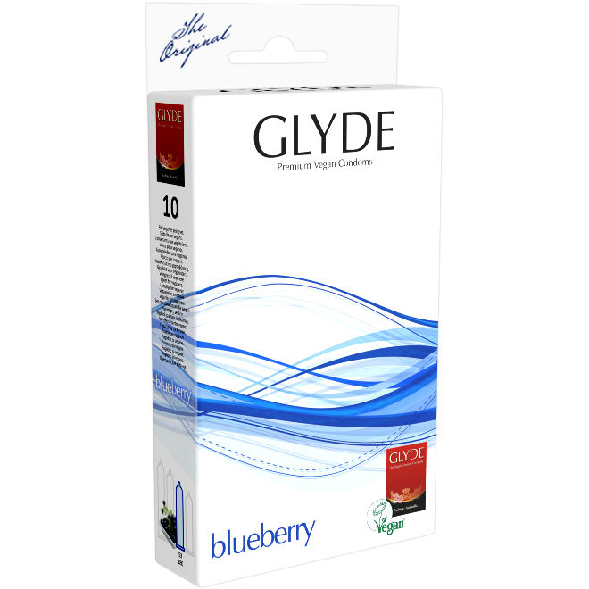 Glyde Ultra «Blueberry» 10 blaue Kondome mit Blaubeer-Aroma, zertifiziert mit der Vegan-Blume