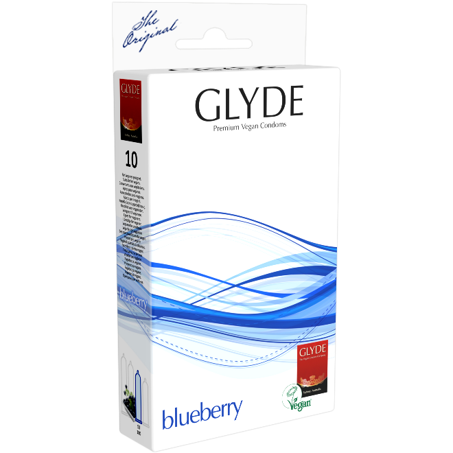 Glyde Ultra «Blueberry» 10 blue condoms with blueberry flavour, certified with the Vegan Flower