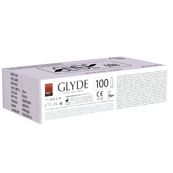 Glyde Ultra «Cola» 100 black condoms with cola flavour, certified with the Vegan Flower, bulk pack