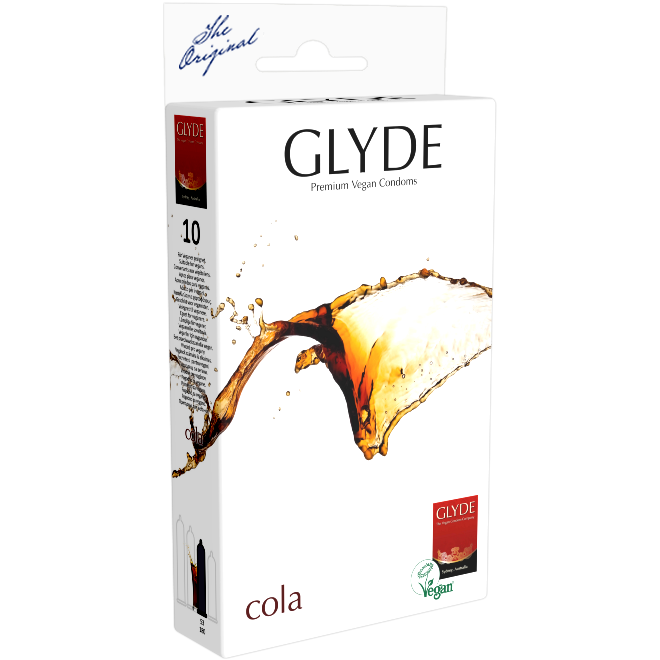 Glyde Ultra «Cola» 10 schwarze Kondome mit Cola-Aroma, zertifiziert mit der Vegan-Blume