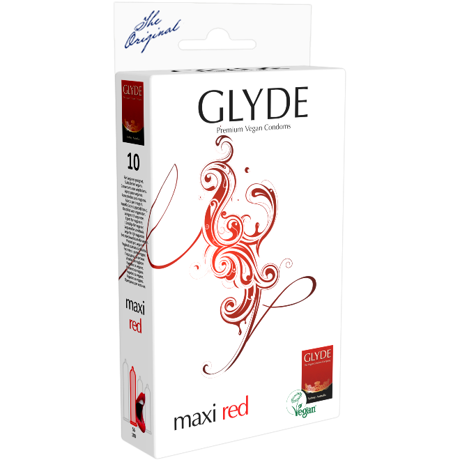 Glyde Ultra «Maxi Red» 10 red XL condoms, certified with the Vegan Flower