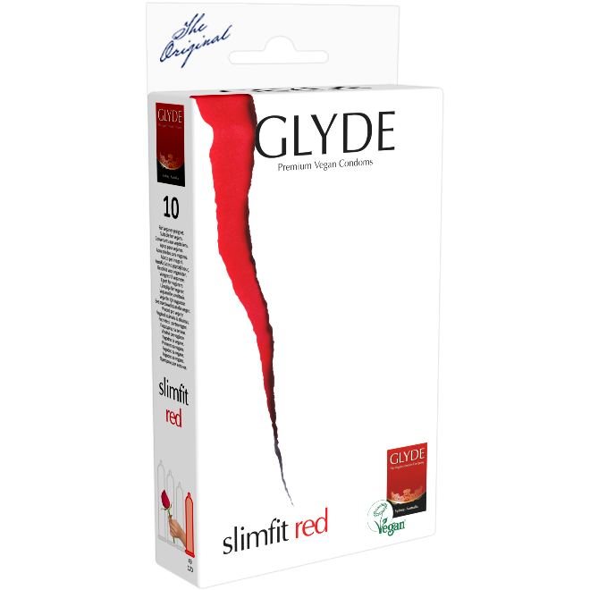 Glyde Ultra «Slimfit Red» 10 tight red condoms, certified with the Vegan Flower