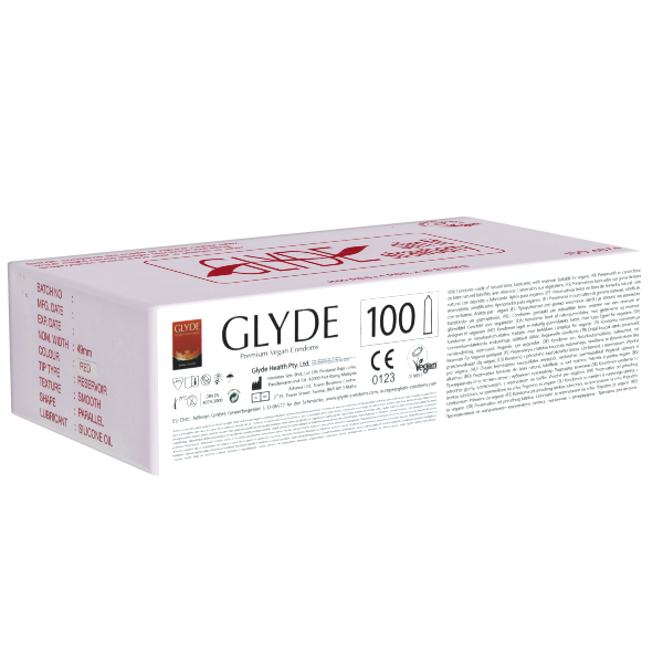 Glyde Ultra «Slimfit Strawberry» 100 tight strawberry condoms, certified with the Vegan Flower, bulk pack