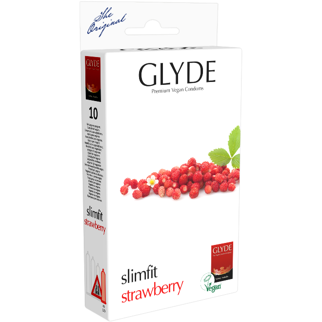 Glyde Ultra «Slimfit Strawberry» 10 tight strawberry condoms, certified with the Vegan Flower