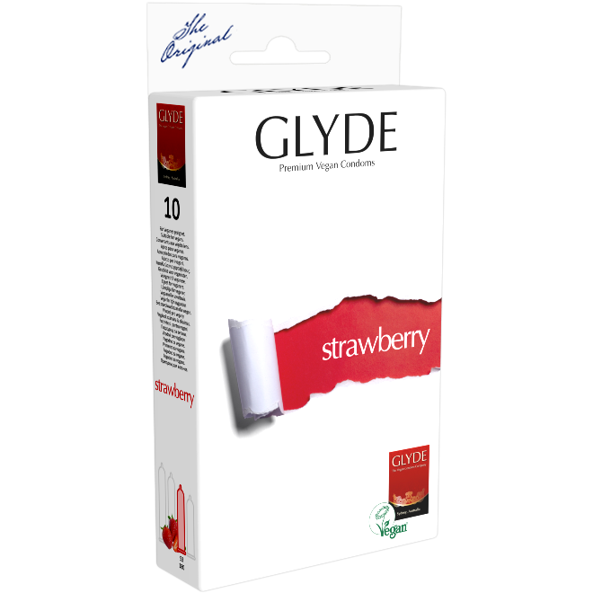 Glyde Ultra «Strawberry» 10 red condoms with strawberry flavour, certified with the Vegan Flower