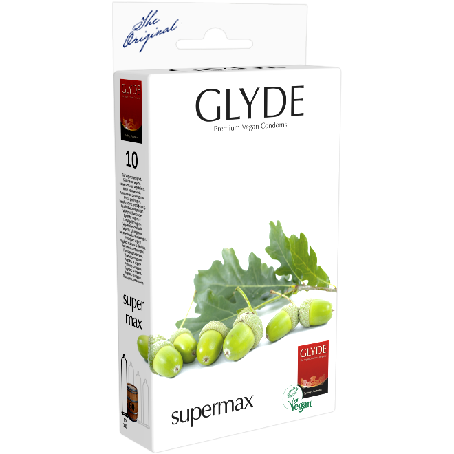 Glyde Ultra «Supermax» 10 king size condoms, certified with the Vegan Flower