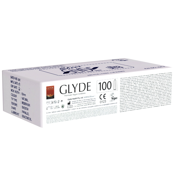 Glyde Ultra «Natural» 100 natural vegan condoms, certified with the Vegan Flower, bulk pack