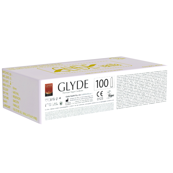 Glyde Ultra «Vanilla» 100 yellow condoms with vanilla flavour, certified with the Vegan Flower, bulk pack