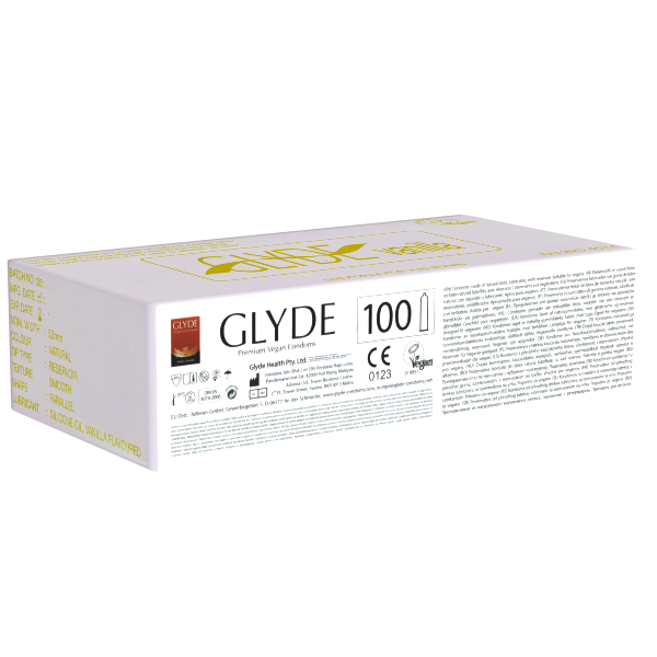 Glyde Ultra «Vanilla» 100 gelbe Kondome mit Vanille-Aroma, zertifiziert mit der Vegan-Blume