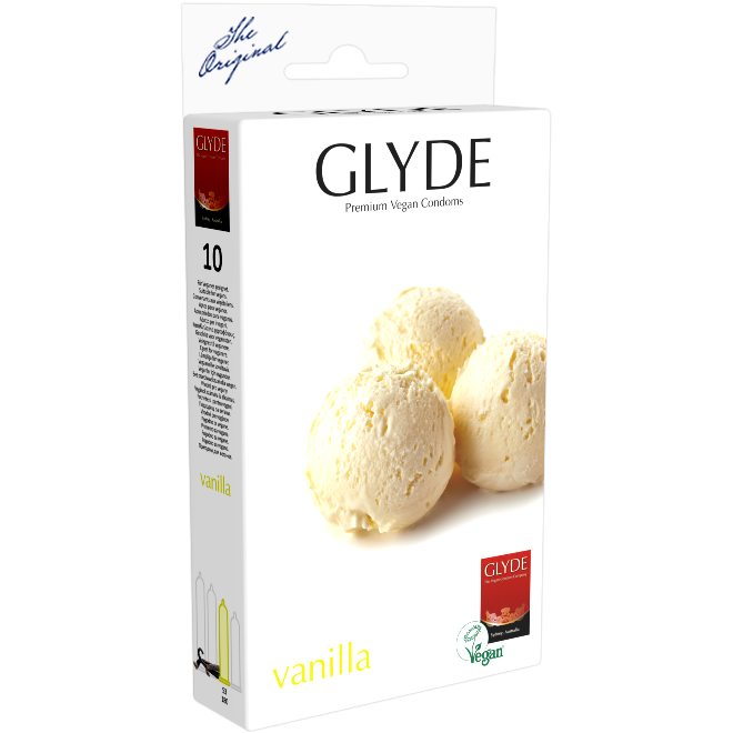 Glyde Ultra «Vanilla» 10 gelbe Kondome mit Vanille-Aroma, zertifiziert mit der Vegan-Blume
