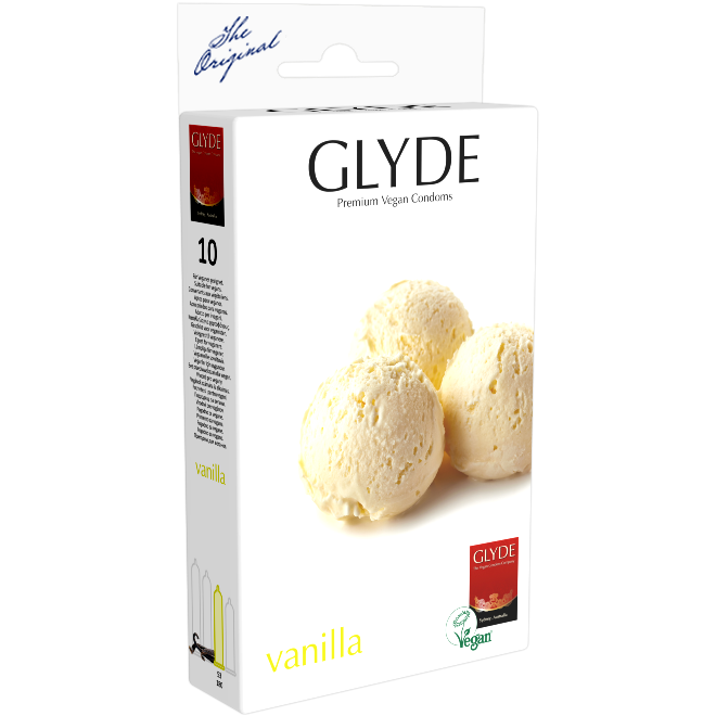 Glyde Ultra «Vanilla» 10 yellow condoms with vanilla flavour, certified with the Vegan Flower