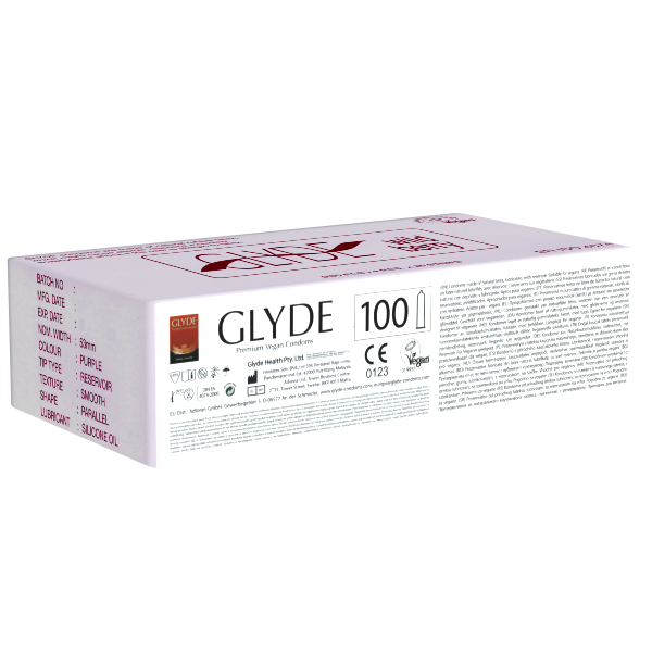 Glyde Ultra «Wildberry» 100 purple condoms with wildberry flavour, certified with the Vegan Flower, bulk pack