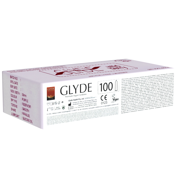 Glyde Ultra «Wildberry» 100 violette Kondome mit Waldfrucht-Aroma, zertifiziert mit der Vegan-Blume