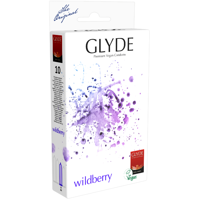 Glyde Ultra «Wildberry» 10 purple condoms with wildberry flavour, certified with the Vegan Flower