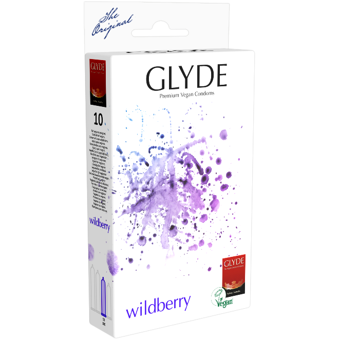 Glyde Ultra «Wildberry» 10 violette Kondome mit Waldfrucht-Aroma, zertifiziert mit der Vegan-Blume