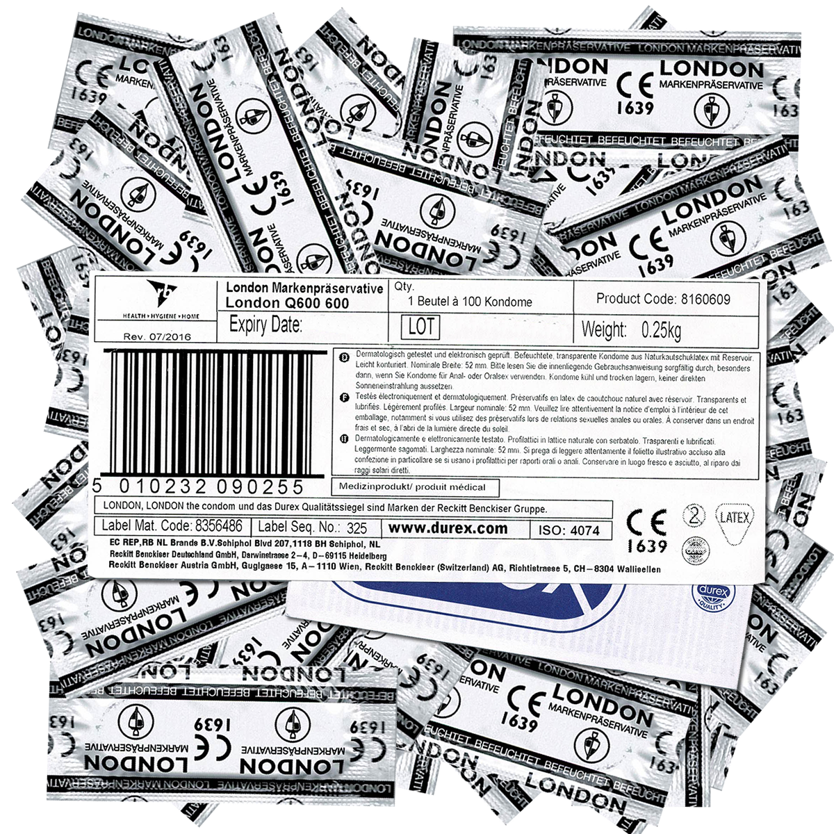 London «Q600» (lubricated) 100 branded condoms with longer reservoir (bulk pack)