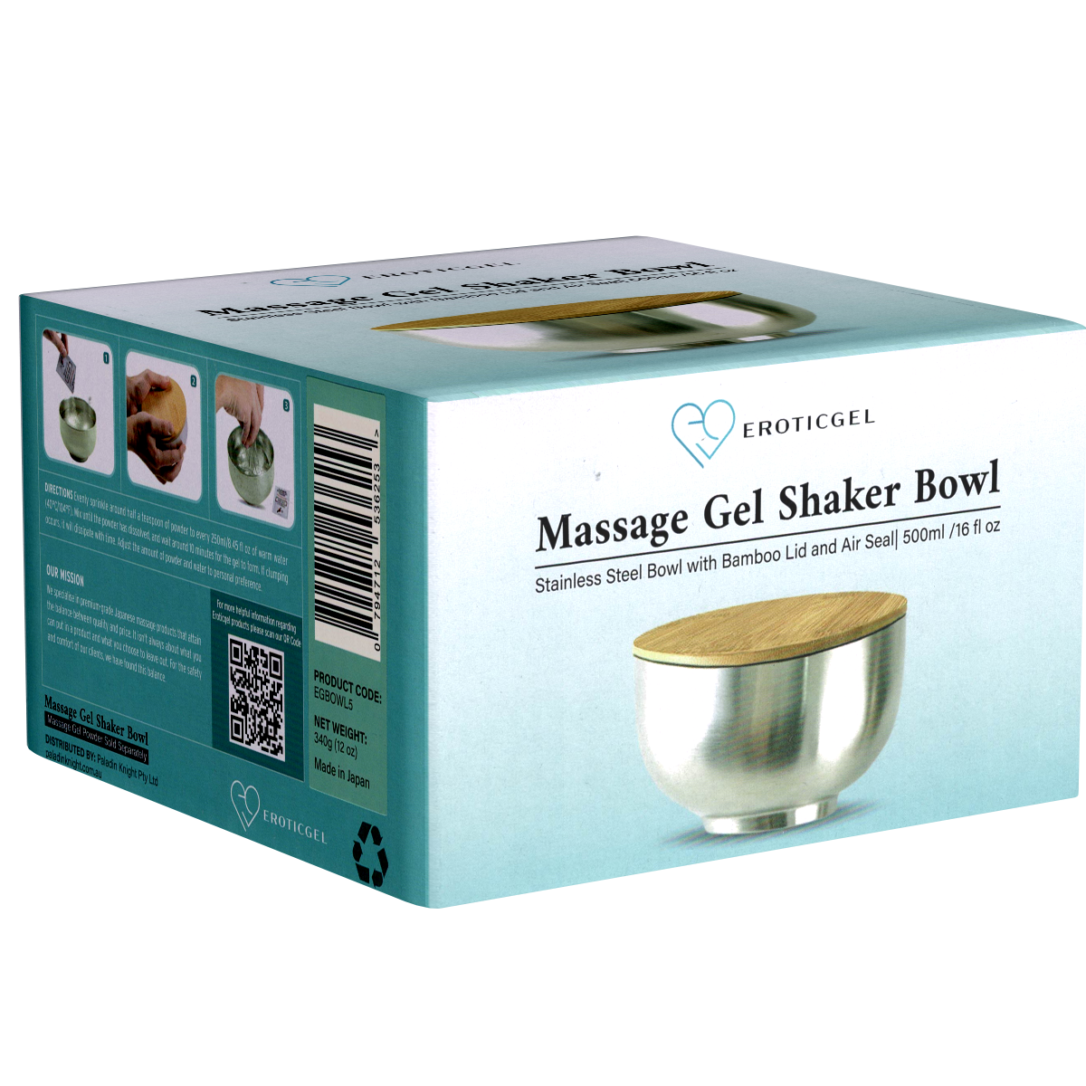 EROTICGEL «Massage Gel Shaker Bowl» Schale für Nuru-Massagegel, Silberfarben mit Deckel aus Bambus