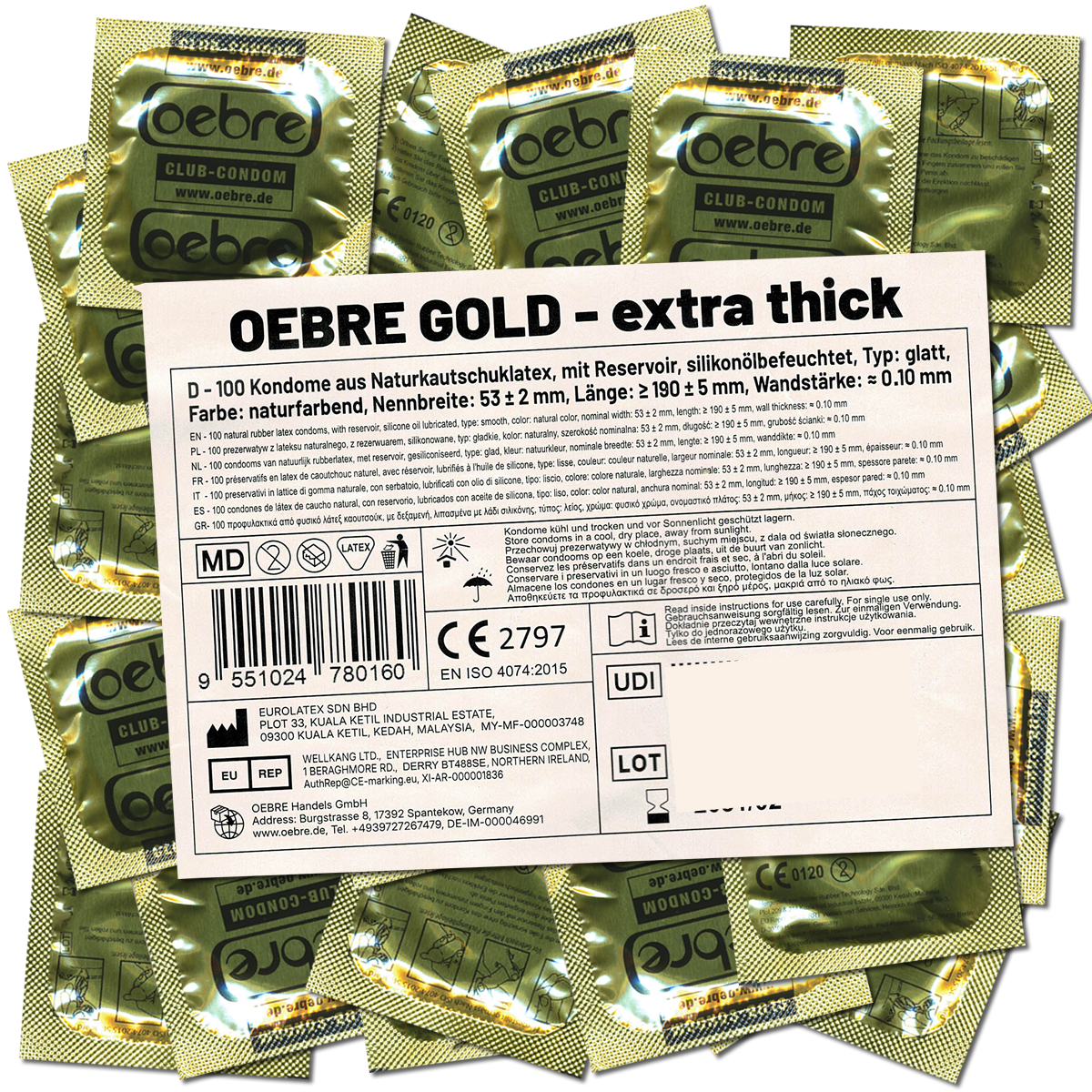 Oebre «CLUB-Condom Gold» 100 Latex-Kondome Vorratspackung extra stark mit 53 mm nominaler Breite