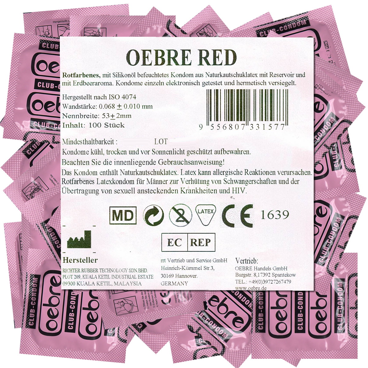 Oebre CLUB-Condom «Red», 100 rote Kondome mit Erdbeer-Geschmack