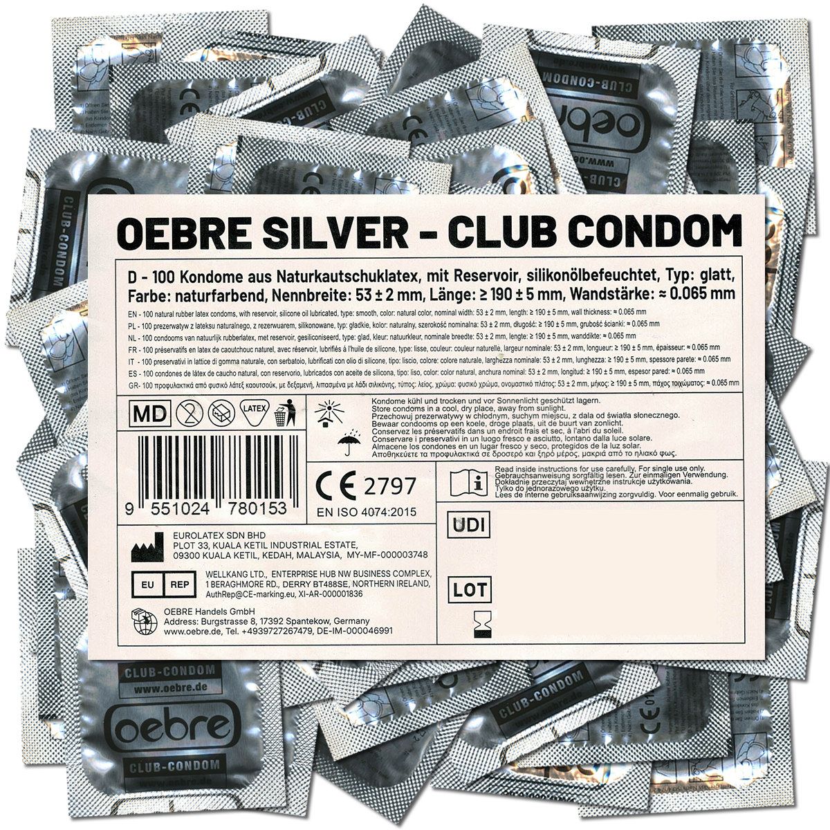 Oebre «CLUB-Condom Silver» 100 transparent latex condoms bulk pack