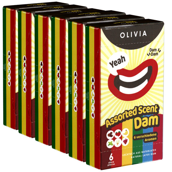 Olivia Dams Retail-Unit: Assorted Scents, 6x6 flavoured latex sheets (dental dams)