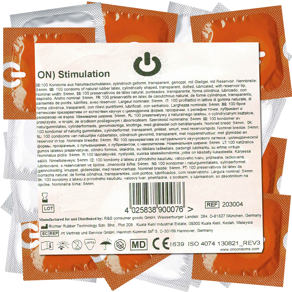 On) «Stimulation» 100 wet dotted condoms with a lot of lubricant, bulk pack