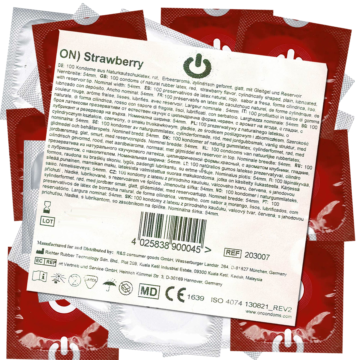 On) «Strawberry» 100 red condoms with strawberry flavor, bulk pack