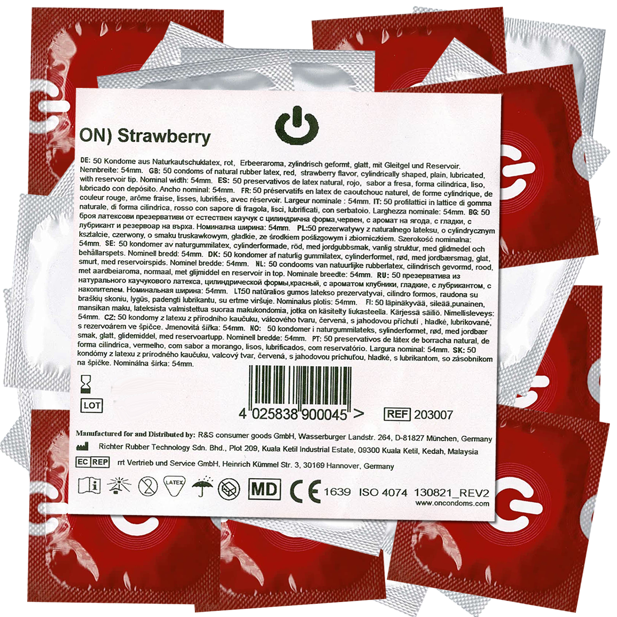 On) «Strawberry» 50 red condoms with strawberry flavor, bulk pack